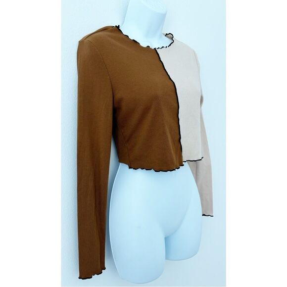 3/$15 SHEIN Two Tone Lettuce Trimmed Long Sleeve Cropped Ribbed Top Size Medium - Picture 6 of 15